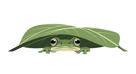 Frog hiding under a leaf looking directly at the viewer.