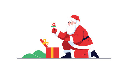 Santa Claus opening a Christmas present with joy.