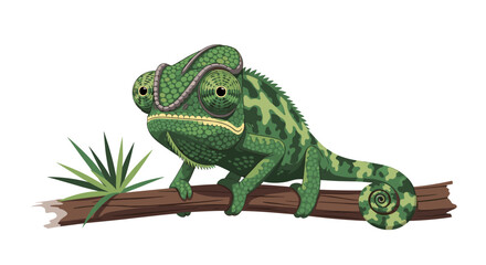 Green chameleon perched on a branch looking focused and alert.