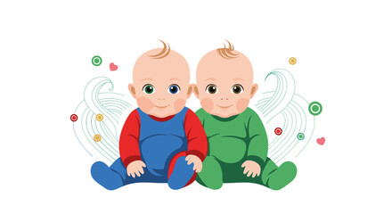 Adorable twins sitting together smiling and looking at the viewer.