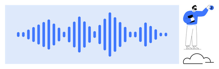 Blue soundwave in the center symbolizing audio data and technology. Person with globe emphasizes global connectivity and analysis. Ideal for technology, audio streaming, digital innovation