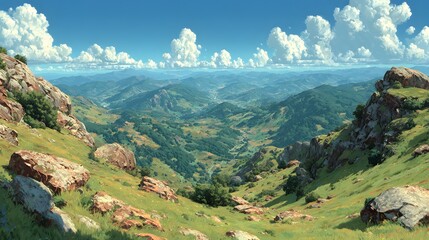 A scenic view of a lush valley with mountains and clouds under a bright blue sky landscape art