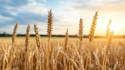Fototapeta premium Golden wheat field under soft sunlight creates warm and serene atmosphere