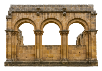 Isolated medieval ruin arches, stone arcades of a Romanesque building, without backdrop