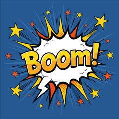 Boom! cartoon bubble text t-shirt design with comic explosion background, vibrant playful pop-art vector illustration