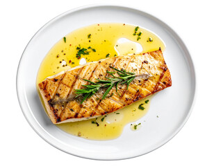  Fillet of Grilled Fish with Sauce Drizzle on Ceramic Plate, Top-Down View, Isolated