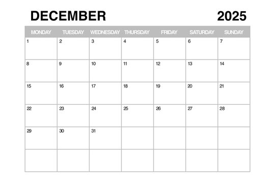 December 2025 Monthly Calendar Planner Template. 3d Rendering