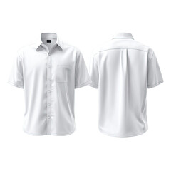 Front & back view of a plain white, short-sleeved collared shirt on a dark background