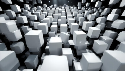 Obraz premium ​A striking abstract background featuring an array of white 3D cubes of varying heights, creating a dynamic and modern geometric pattern with a sense of depth.