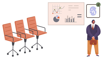 Fototapeta premium Business figure near data charts, fingerprint approval, and empty office chairs. Ideal for workplace analytics, hiring process, security, decision-making, business planning, strategy simple flat