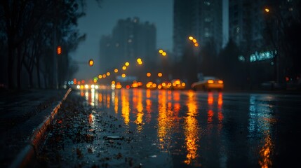 Rainy city street at night with blurred lights reflecting on the wet pavement creating a moody scene
