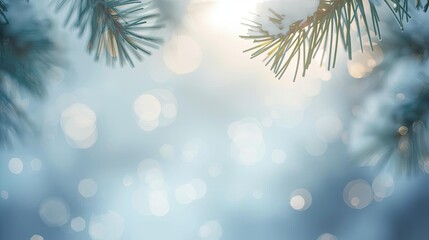 Winter Snowfall Background with Pine Branches and Soft Sunlight