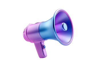 3D rendered megaphone in vibrant blue and purple, isolated on black background