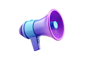 A 3D-rendered megaphone floats, with a sleek design featuring shades of purple and blue