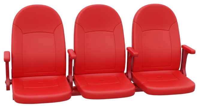 Row of red stadium seat isolated on transparent background, providing comfortable seating for spectators at sporting event and entertainment venue