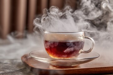 Hot tea steaming in glass cup