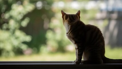 Silhouette of a Domestic Cat Sitting by a Window Looking Outside.