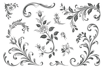 Floral Design Elements: Vintage Flower Embellishments, Swirl Details Vector
