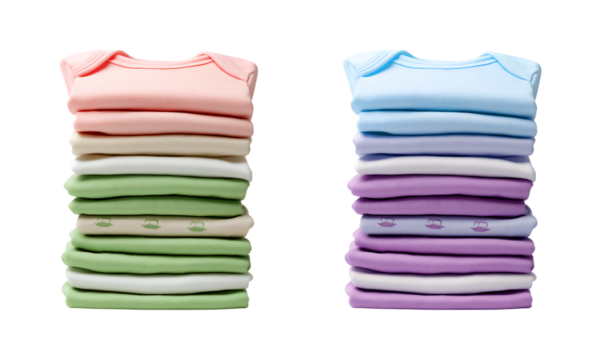 Clean Stack of Pastel Baby Bodysuits isolated on a transparent background