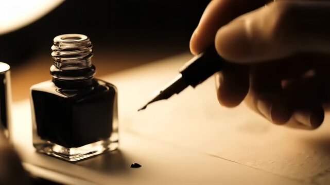 Hand holding a fountain pen with ink dripping into a small square inkwell bottle