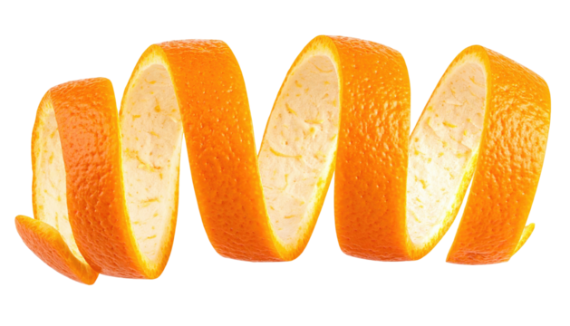 Orange peel, spiraled and curled, displays vibrant color against a black background