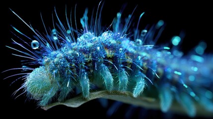 Obraz premium Iridescent, glowing caterpillar crawls on a leaf; dew-kissed, hairs shimmer against dark