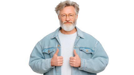 Mature man with gray beard wearing glasses and a sparkly denim jacket giving a double thumbs up gesture with a confident expression on a black background