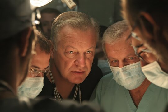 Experienced surgeons intently focused on a precise medical procedure.