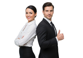 Professional business couple standing back to back giving thumbs up isolated on transparent background