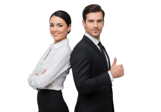 Professional business couple standing back to back giving thumbs up isolated on transparent background