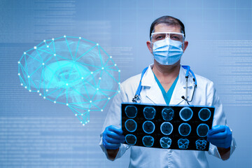 Medical professional examines brain scans with digital overlay in modern healthcare setting