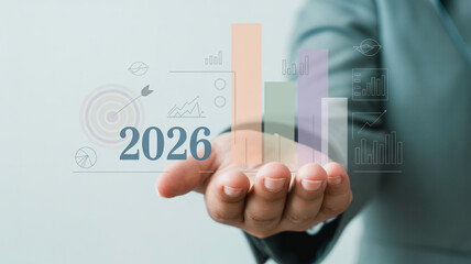 Hand presents 2026 business growth projections with data charts and target goals for future financial success and strategic planning in investment