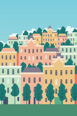 Abstract old town on hillside poster - geometric flat design colorful buildings with trees vector illustration in pastel colors with European architecture style