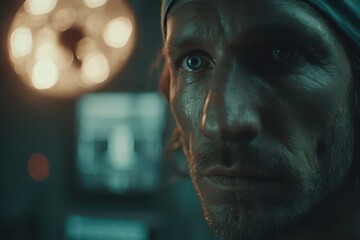 A serious man with intense blue eyes in a dramatic medical setting.