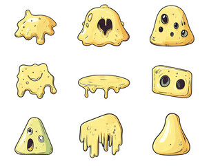 9 cartoon yellow slime blobs with unique shapes