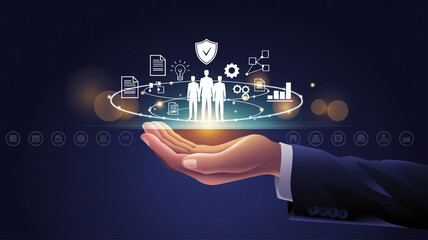 Hand presents business data and team management icons in a digital display for corporate strategy and solutions with a modern design aesthetic