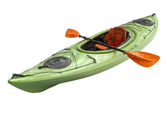 A light green kayak with an orange paddle and a black interior, set against a dark background