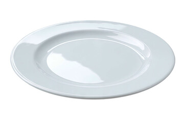 Glossy, empty white plate, slight edge, on dark background