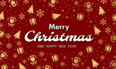 Elegant Christmas greeting design with gold Santa, gift boxes, snowflakes, and pine trees on a red background. Perfect for holiday cards, festive invitations, and social media greetings.
