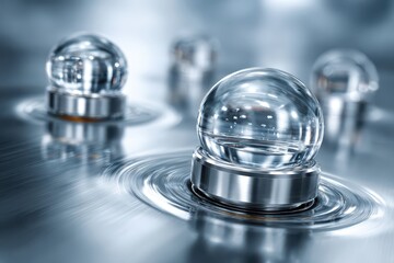 Abstract concept of technology, shiny glass spheres on metallic surface.