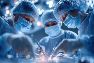 Skilled surgeons performing precise operation in sterile operating room.