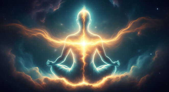 Man meditating in lotus position with glowing energy. Aura spiritual enlightenment and chakra energy flow in cosmic space. Yoga lifestyle.