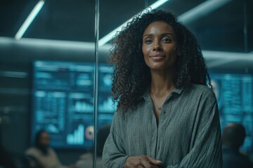 Professional African American woman in a high-tech office with data displays.