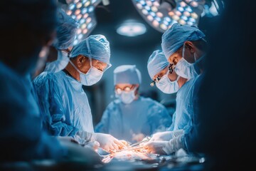 Dedicated surgeons performing a precise operation under bright surgical lights