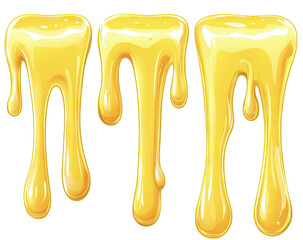 Three drips of golden, viscous liquid against a black background