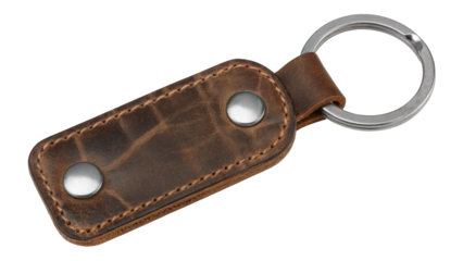 Stylish brown leather keychain with silver ring, perfect for accessorizing keys or bags with a touch of rustic charm and everyday carry isolated on white or transparent png.