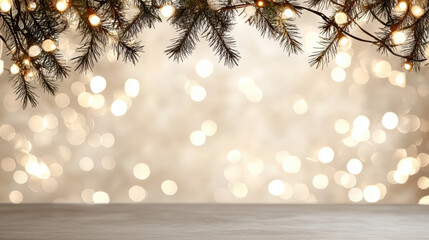 Cozy holiday background with glowing lights and pine branches creating warm atmosphere