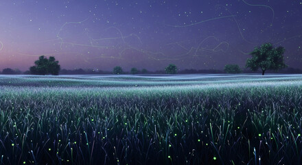 Illuminated grass field landscape with glowing fireflies and mystical trees at night. Relaxation background for meditation and visualization.