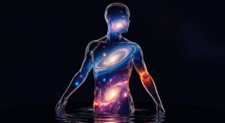 Translucent man figure with galaxy inside standing in water. Spiritual awakening and cosmic connection concept for meditation and relaxation.