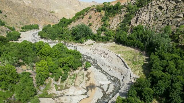 Aerial drone view of a river winding through a lush, rugged mountain valley in Kabul, Afghanistan.